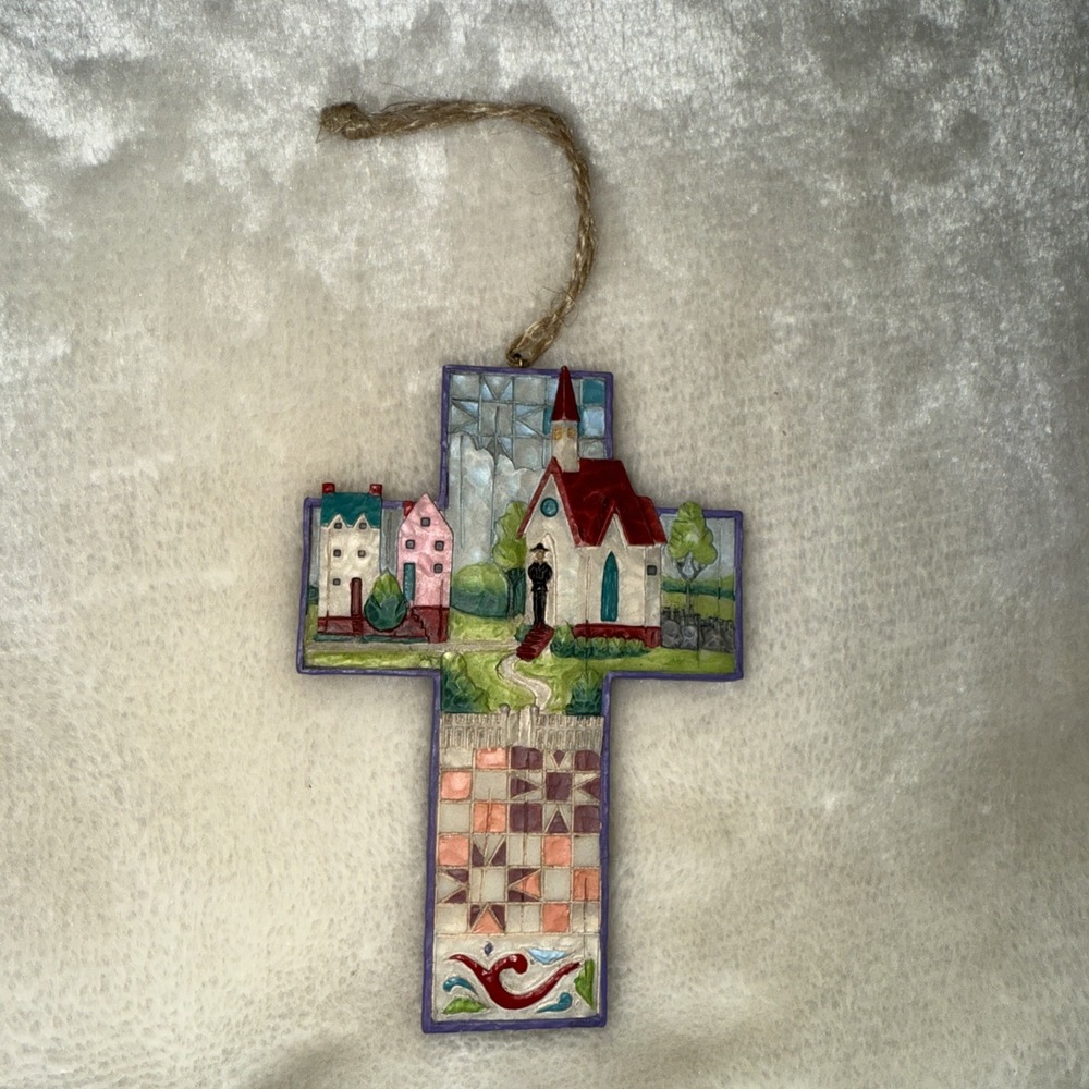 Jim Shore Heartwood Creek Cross With Church Scene Hanging Ornament 4008103